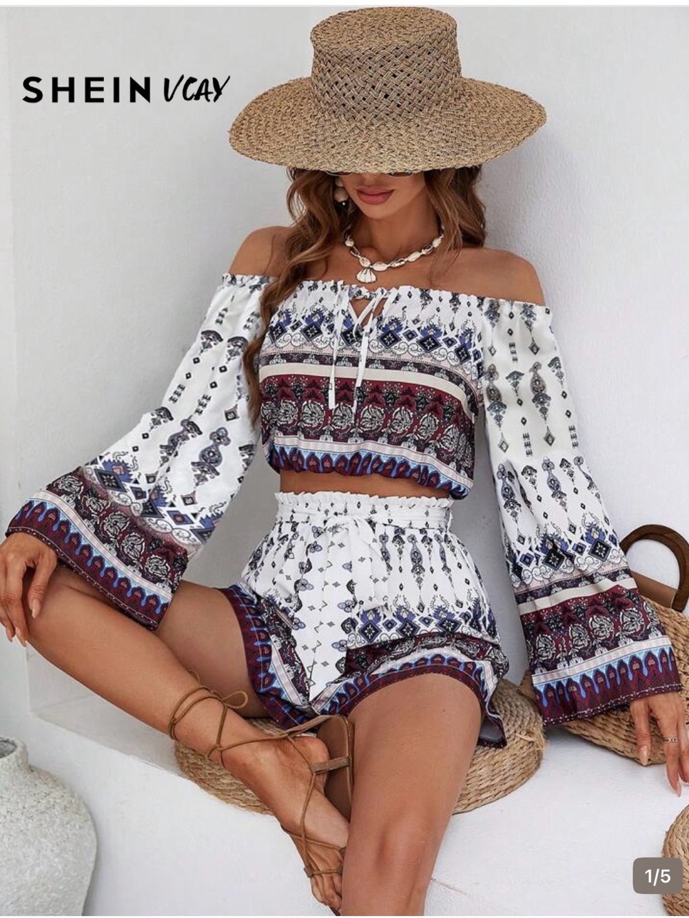 SHEIN White Off-Shoulder Printed Boho Skirt Set